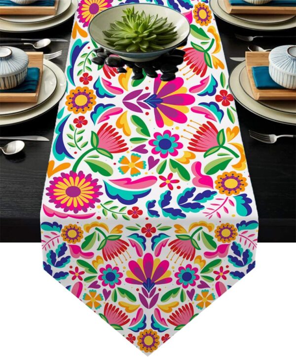 Mexican Table Runners for Fiesta Day of The Dead Dia De Los Muertos Cinco De Mayo Linen Rustic Home Dining Room Kitchen Table Decorations (Mexican 02) - Image 2