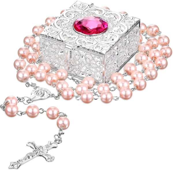 Quelay Rosary Beads Catholic for Women Pearl Rosary Catholic Necklace with Pray Card First Communion Gifts - Image 8