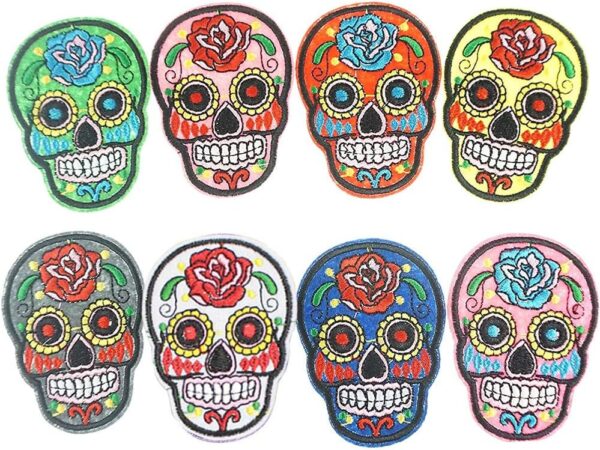 Skull Iron On Patches,Sugar Skull Embroidery Sew On Appliques Ghost Head Cloth Chest Sticker Punk Rock Patches,Perfect for Jeans, Jackets, Bags, Vest, Arts and Crafts(Assorted Color,8 PCS) - Image 2