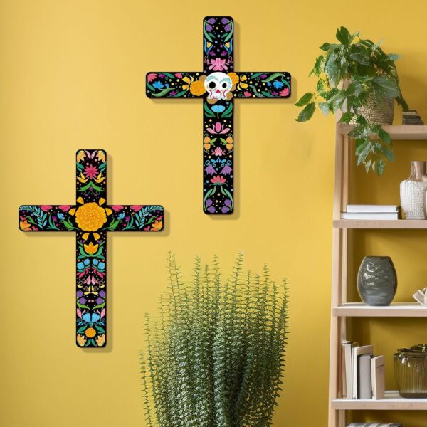 Bnesi 2 Pcs Floral Cross Wall Decor Mexican Home Decor Ofrenda Decoration Day of The Dead Decoration Spanish Style Crucifix Wall Cross for Home Room Church Decor - Image 7
