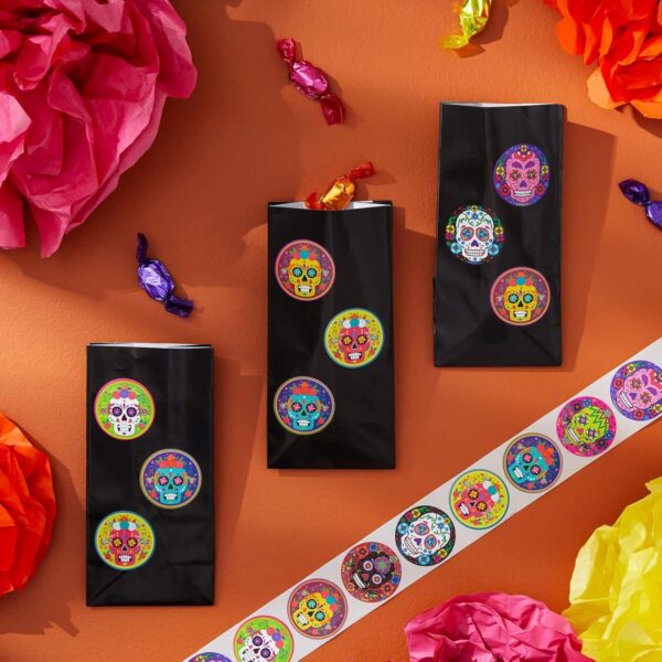 Juvale 1000 Pcs Dia de Los Muertos Skull Sticker Roll, 8 Vibrant Calavera Designs, 1.5 in, Dia de Muertos Stickers for Halloween Candy Bags, Party Favors, Decorations, Day of The Dead Decor - Image 2
