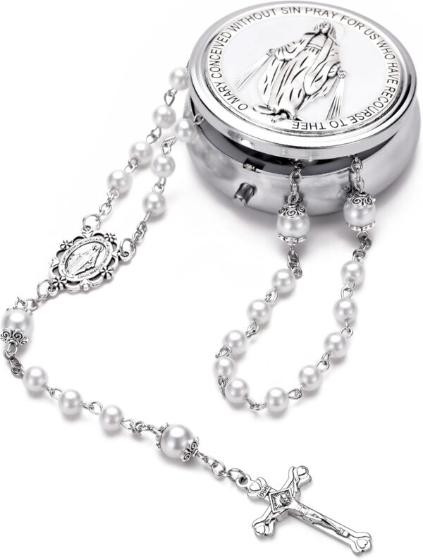Rosary Beads Catholic for Women, Catholic Gifts, Glass Pearl Beads, Virgin Mary Medal - First Communion Rosary for Girls with Virgin Mary Miraculous Gift Box and 18pcs Prayer Cards - Image 4