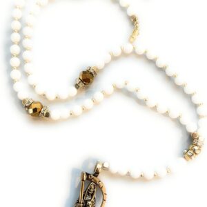 Large Holy death's rosary with white glass beads. Rosario de la Santa Muerte blanco con dorado. Grim reaper Y style necklace.