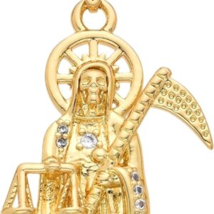 14K Yellow Gold Zircon La Santa Muerte Necklace For Women And Men - Holy Death's Pendant Necklace, Santa Muerte Pendant Necklace, Holy Saint Death Necklace Religious Jewelry For Women Men