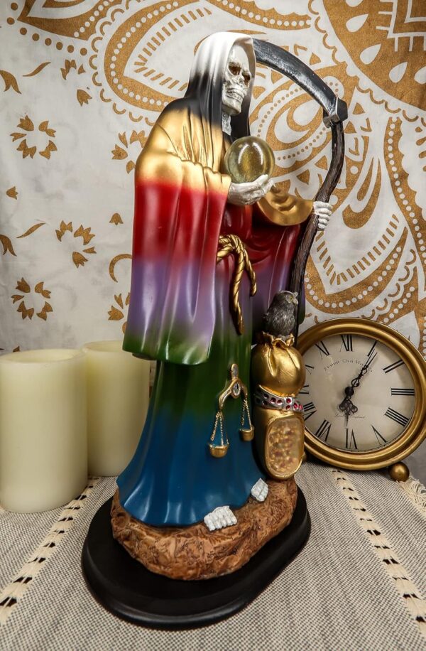 Ebros Gift Large 16.75" Tall Holy Death Santa Muerte Holding Scythe, Glass Globe with Scales of Justice and Owl in Tunic Robe Statue Day of The Dead Bone Mother Decorative Figurine (Rainbow Spectrum) - Image 9
