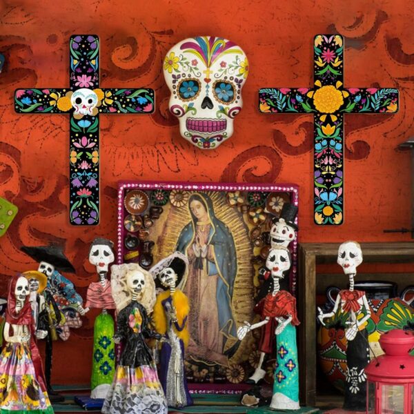 Bnesi 2 Pcs Floral Cross Wall Decor Mexican Home Decor Ofrenda Decoration Day of The Dead Decoration Spanish Style Crucifix Wall Cross for Home Room Church Decor - Image 5