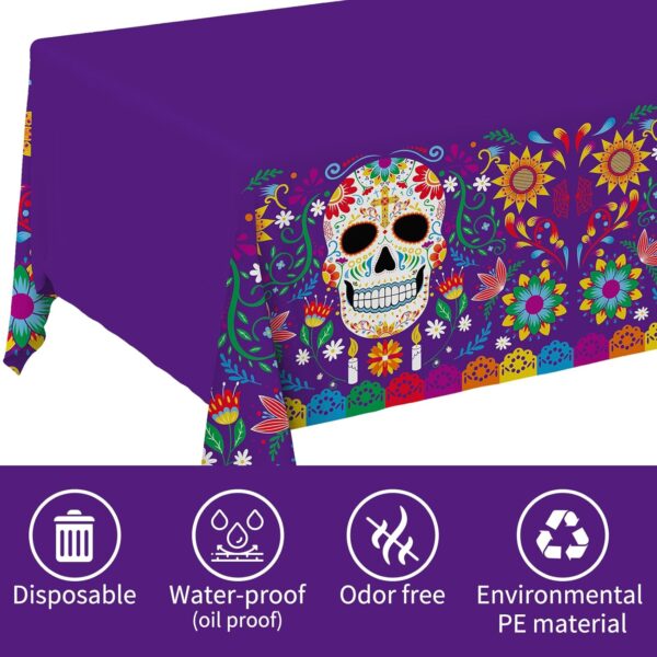 Day of The Dead Party Disposable Tablecloth Plastic Sugar Skull Table Cover for Dia De Los Muertos Party Decoration 54 X 108 inch 3 Pack for Day of The Dead Party - Image 2
