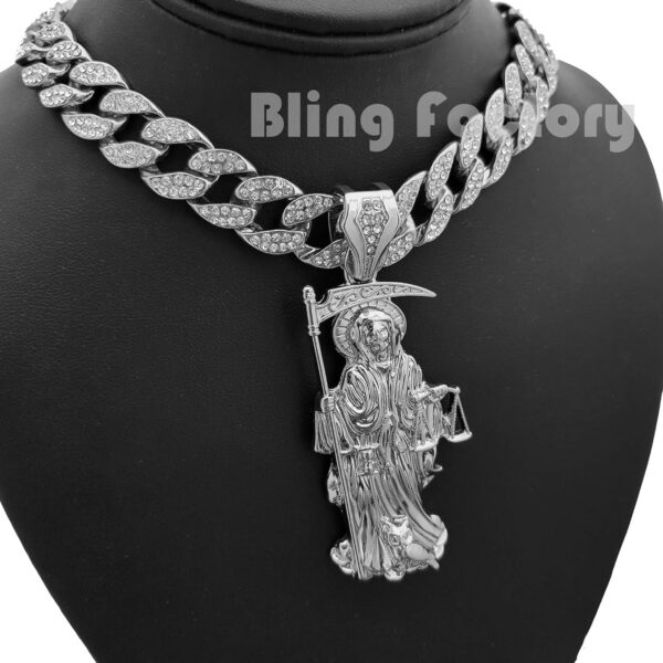 Hip Hop White Gold PT Saint Death Santa Muerte Pendant & 16" 18" 20" Iced Cuban Choker Chain Necklace - Image 3