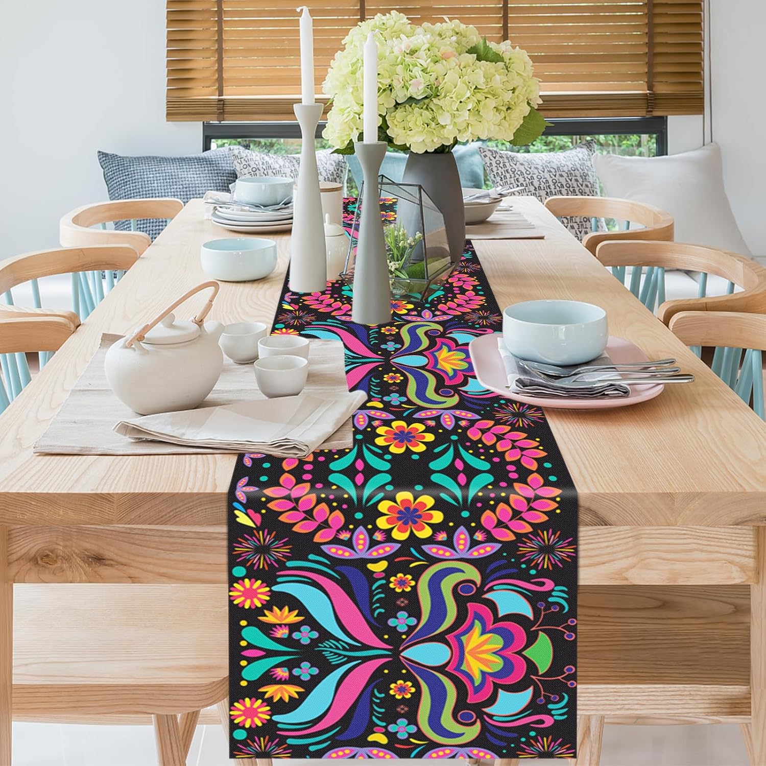14 x 72 Inch Day of The Dead Table Runner, Mexican Cinco De Mayo Dinner Tablecloth for Dia De Los Muertos Holiday Party, Day of The Dead Home Kitchen Dining Indoor Outdoor Decorations - Image 3