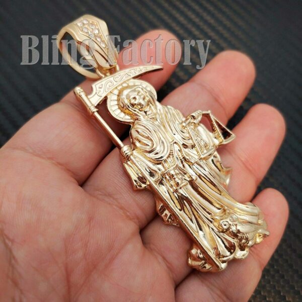 Hip Hop Gold PT Saint Death Santa Muerte Pendant & 16" 18" 20" Iced Cuban Choker Chain Necklace - Image 4