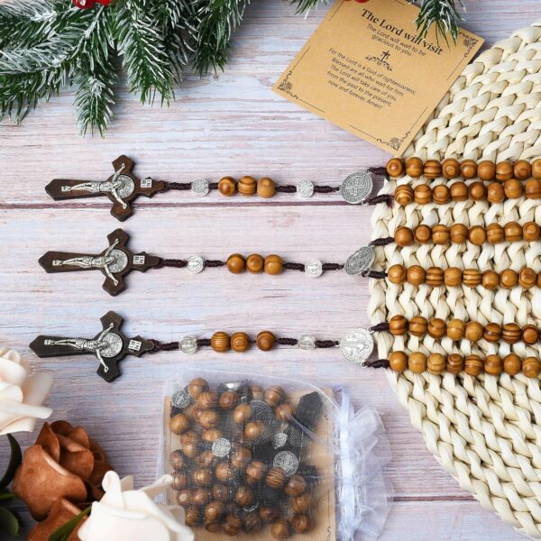 Wooden Rosary Necklace, Handmade Rosary Beads Necklace, Prayer Holy Soil Medal and Metal Cross For Catholic Or Christian Gift, Pouch Baptism Favors Gift - Image 5