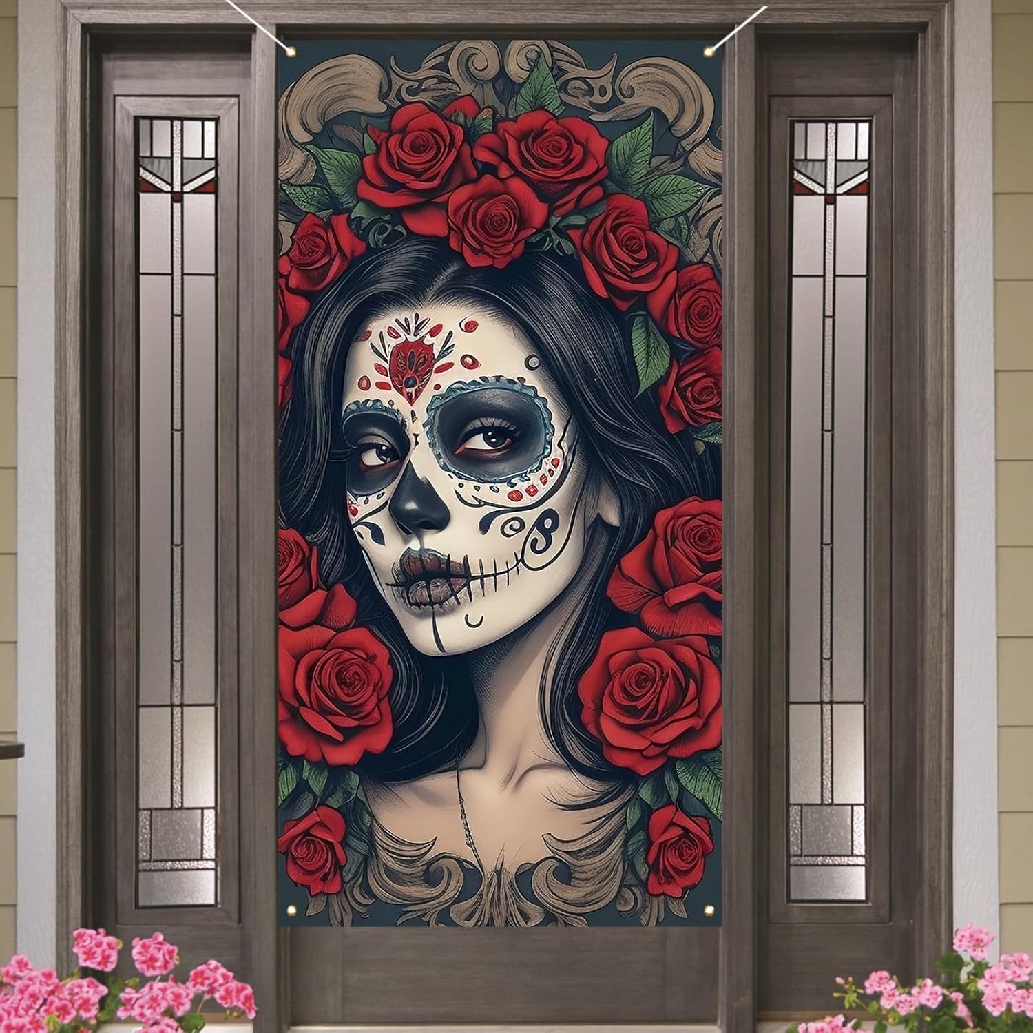 Dia De Los Muertos Door Cover Day of The Dead Porch Sign Banner Gothic Halloween Sugar Skull Marigold Flowers Decorations and Supplies for Home - Image 3