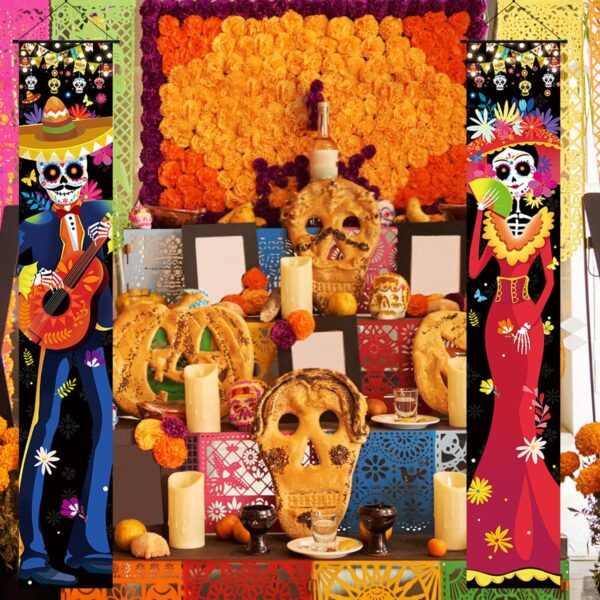 2PCS Day of The Dead Decorations, Dia De Muertos Decor Banner Mexican Dia De Los Muertos Porch Sign Decor Welcome Hanging Door Banner Mexican Party Decorations Outdoor Indoor 12 x 75 Inch - Image 4