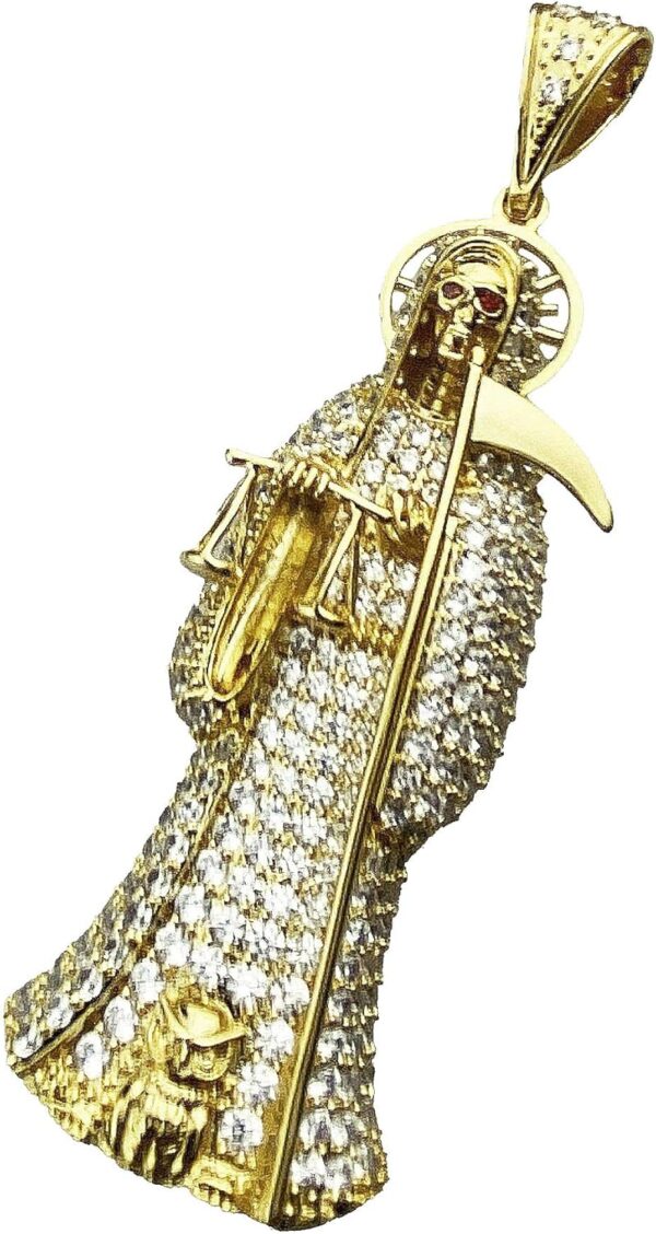 HOMIEBUDS XGATML Nuestra Señora De La Santa Muerte Pendant Holy Death Iced Micro Pave Bling 24K Gold Finish Charm 3.5" inch - Image 9