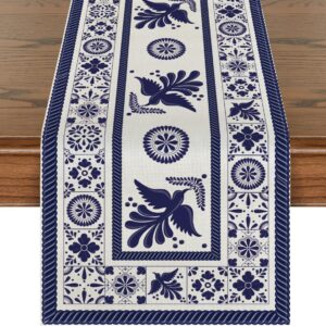 Artoid Mode Floral Bird Dia De Los Muertos Mexican Table Runner, Blue Patchwork Tiles Kitchen Dining Table Decoration for Home Party Decor 13x72 Inch