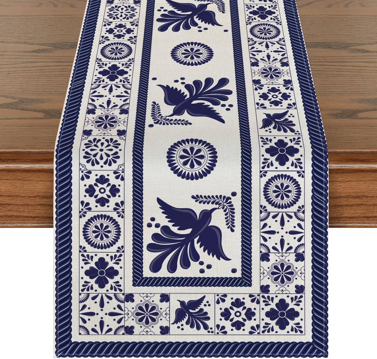 Artoid Mode Floral Bird Dia De Los Muertos Mexican Table Runner, Blue Patchwork Tiles Kitchen Dining Table Decoration for Home Party Decor 13x72 Inch