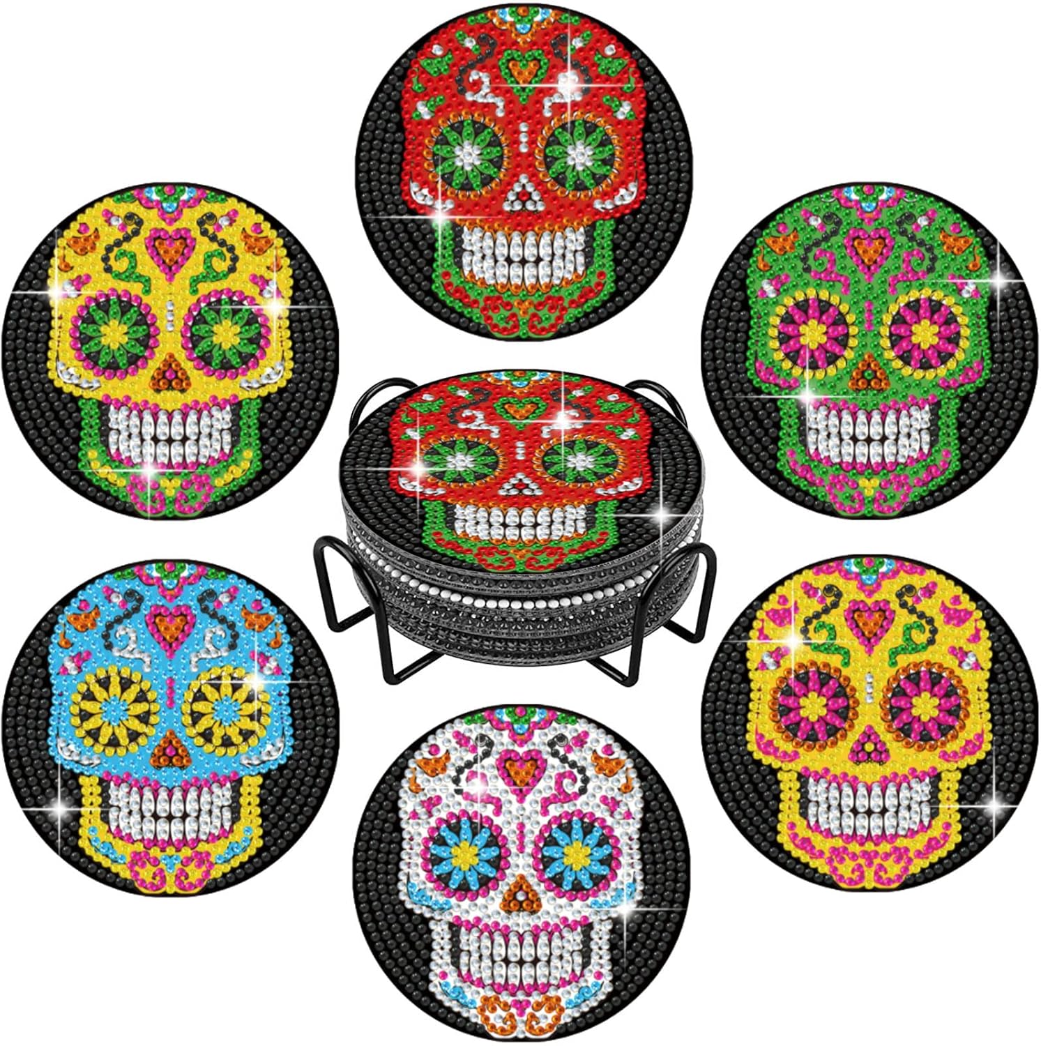 6 Pcs Skull DIY Diamond Paintings Coasters Kits with Holder,Skeleton Flower 5D Diamond Art Coasters Set,Full Drill Rhinestone Painting Kits for Adults & Kids,Beginners Art Craft Supplies