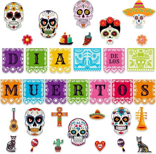 JUESMOS Day of The Dead Decorations Sugar Skull Cutouts Halloween Decor Dia De Los Muertos Colorful Skull Cutouts for Kids Students Classroom Bulletin Board Wall Decor Mexican Fiesta Party Supplies