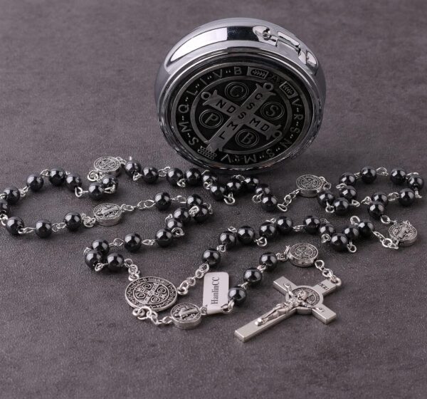 HanlinCC 6mm Hematite Stone Black Beads Catholic Saint Benedict Rosary Necklace for Men and Boy with St.Benedict Center Piece and Crucifix with Metal Gift Box - Image 7