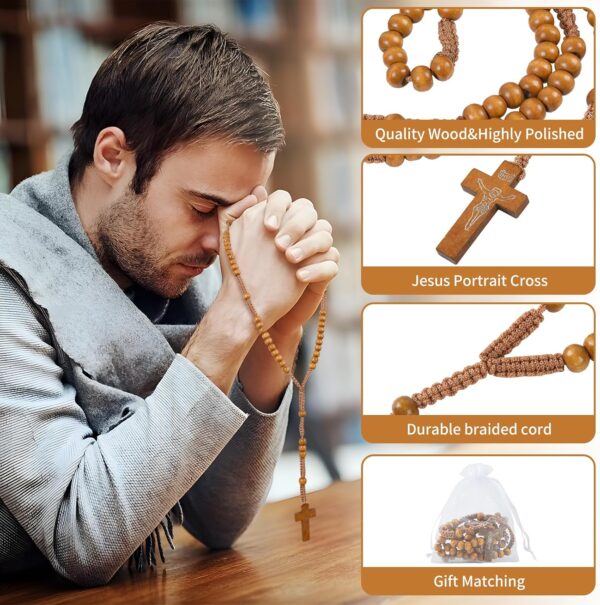 60 Set Wooden Rosary Beads Bulk Wood Catholic Rosaries with Jesus Holy Cross First Communion Wood Carved Rosary with Organza Bags Religious Rosary Catholic Baptism Church Present for Men Women - Image 3