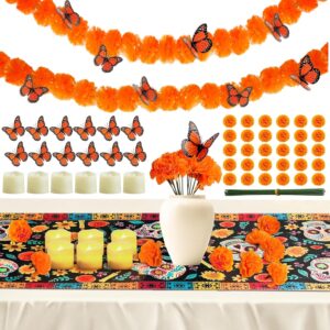83pcs Dia De Los Muertos Decorations Ofrenda Kit - Day of the Dead Altar Decor Set,2 Marigold Garland 30 Marigold Flowers & Stems,Table Runner,12 Monarch Butterfly 6 Candle (table runner-Skull)