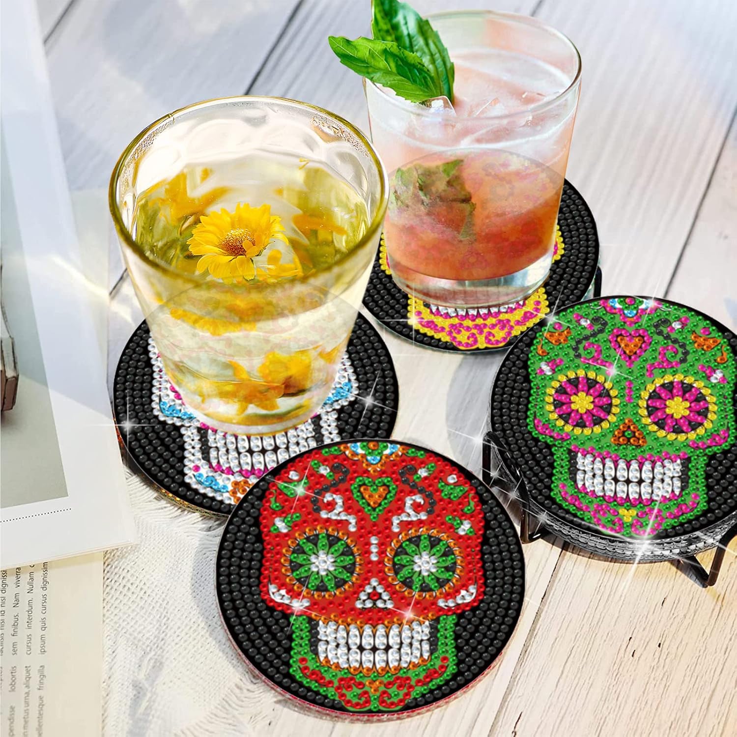 6 Pcs Skull DIY Diamond Paintings Coasters Kits with Holder,Skeleton Flower 5D Diamond Art Coasters Set,Full Drill Rhinestone Painting Kits for Adults & Kids,Beginners Art Craft Supplies - Image 4