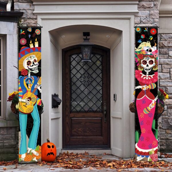 3 Pieces Day of the Dead Porch Sign, Mexican Dia De Los Muertos Party Door Decorations, Day of the Dead Sugar Skull Door Banner for Halloween Home Bathtub Birthday Fiesta Party, 11.8 x 70.9 Inches - Image 3