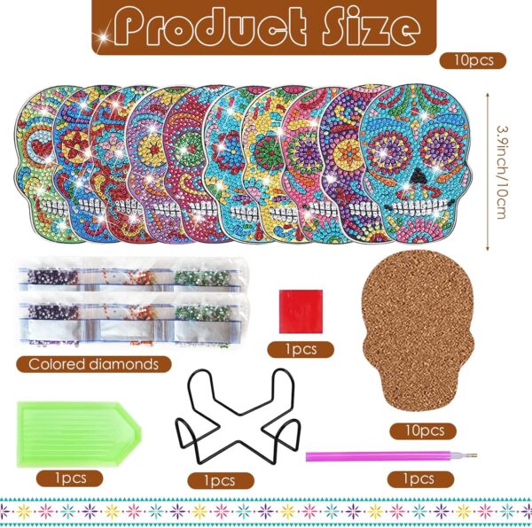 YLOLUL 10 Pcs Skull Shaped Diamond Painting Coasters Kits DIY Skull Diamond Painting Coasters with Holder Skull Diamond Painting Coasters for Beginners Adults and Kids Art Craft Supplies Gift - Image 2