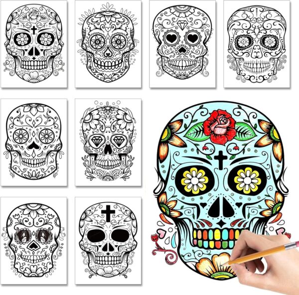 32 Pieces Day of The Dead Coloring Posters Sugar Skull Paper Coloring Poster for Kids or Adults Halloween and Dia De Los Muertos Craft Painting Activity