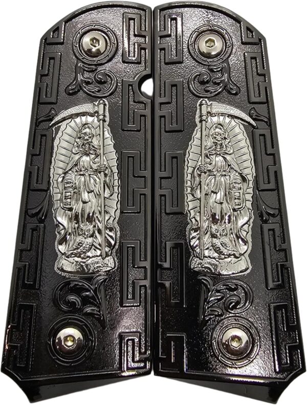 1911 Full-Size Metal Grips with Ambi Safety Cut - Santa Muerte Black and Silver Design, Intricate Patterns, Fits 1911 Government/Commander Models - Image 3
