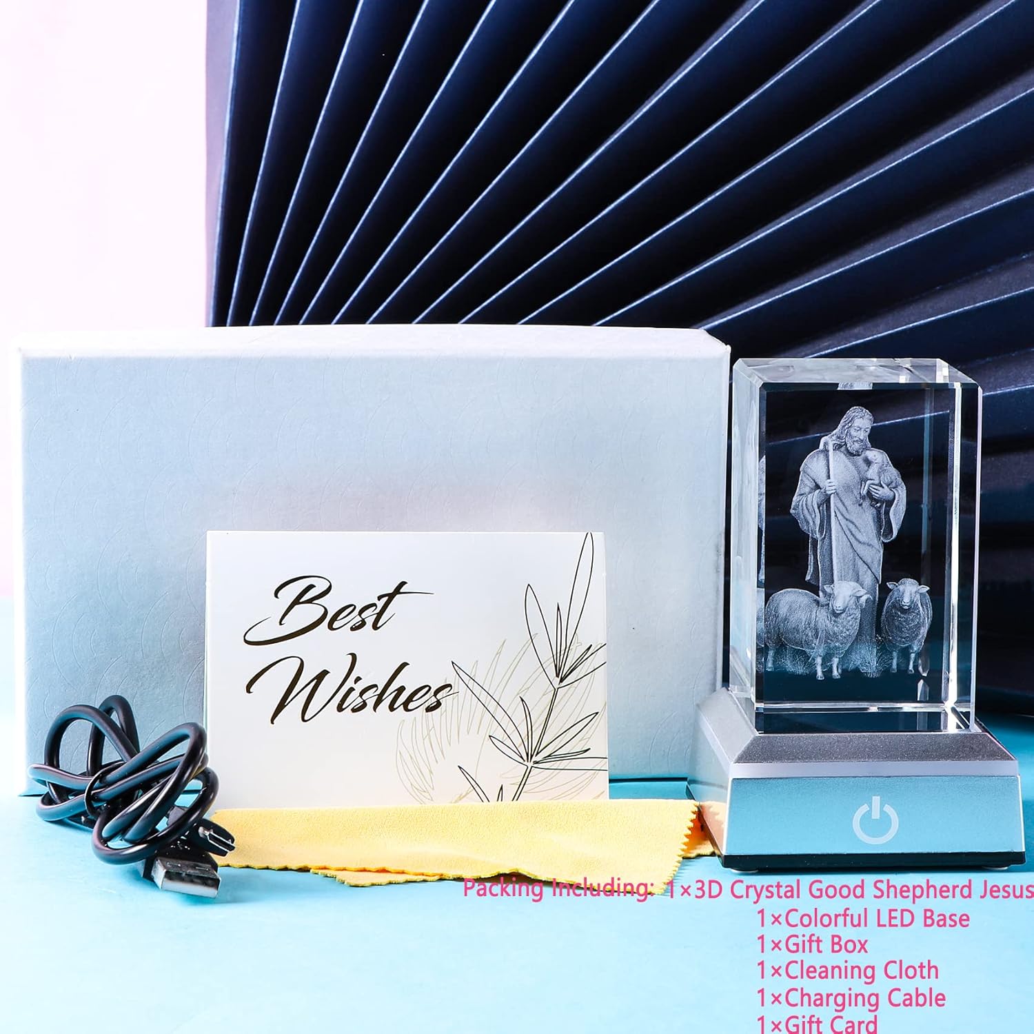 YWHL 3D Crystal Good Shepherd Statue with Colorful Base Laser Engraved Jesus Figurine for Religious Gifts for Women Men on Christmas, Christian Catholic Church Keepsakes - Image 3