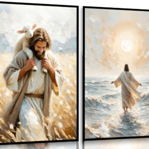 2Pcs Jesus Canvas Wall Art Christ Saves The Lost Lamb Posters Prints Jesus Walking On Water Pictures Paintings Open your arms and embrace the sun Wall Decor for Living Room Bedroom Decoration Unframed