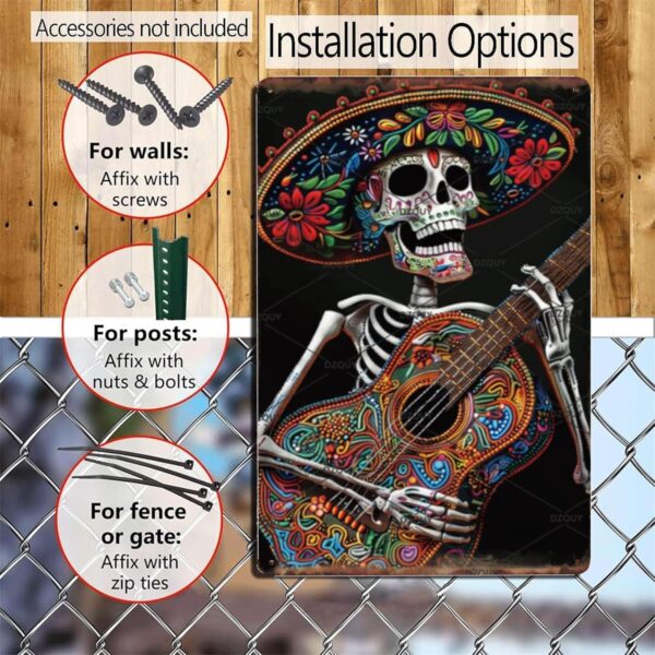 Mexican Skeleton Playing Guitar Signs Mexico Day Of The Dead Skull Wall Tin Sign Vintage Mexico Poster Day Of The Dead Decor Wall Decor Pub Plaque For Home Bedroom Living Room 12x8 Inch - Image 4