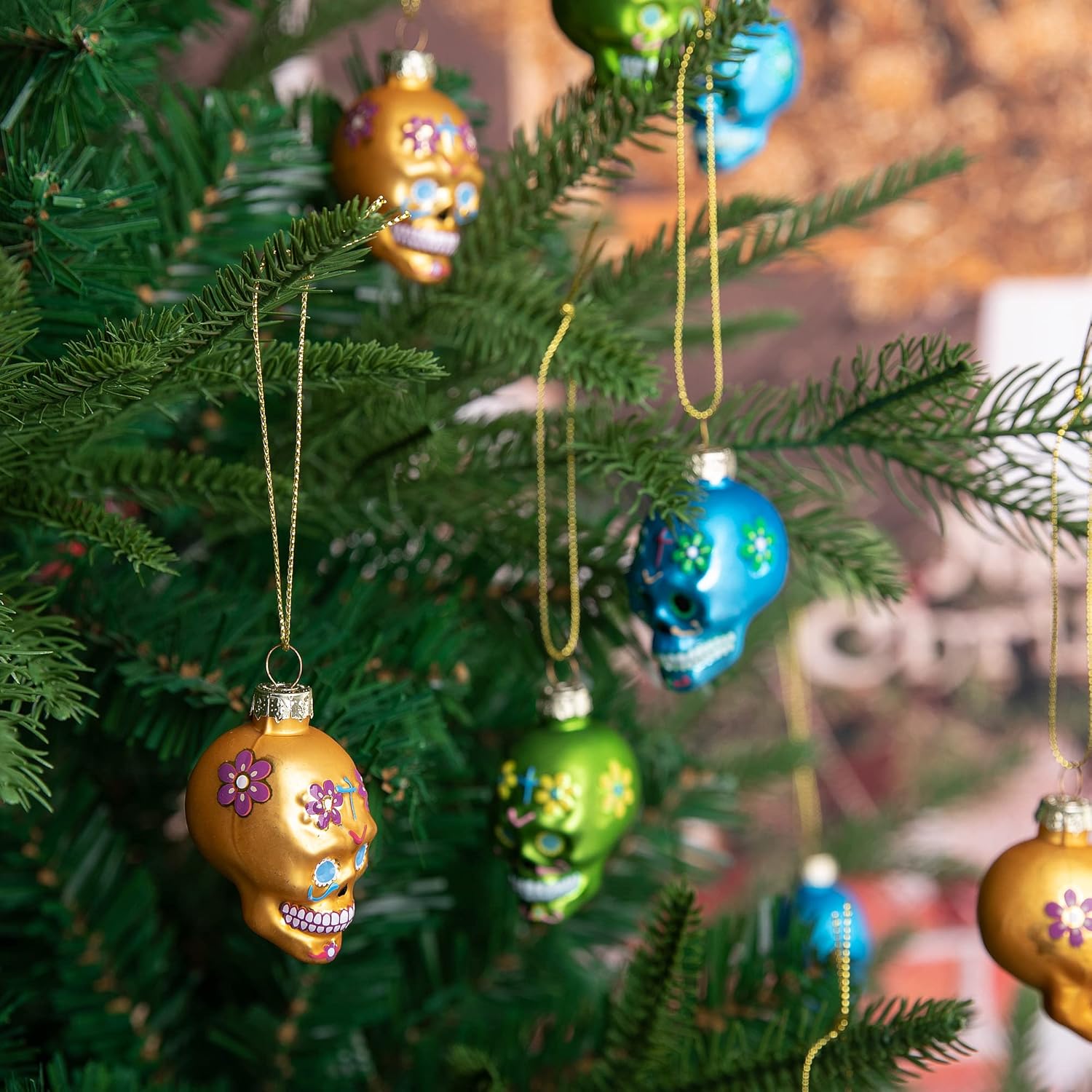 Watayo 12 PCS Day of The Dead Glass Ornaments-Dia De Los Muertos Sugar Skull Ornaments-Halloween Hanging Skeleton Head Decorations for Party Xmas Tree Decoration - Image 5