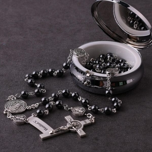 HanlinCC 6mm Hematite Stone Black Beads Catholic Saint Benedict Rosary Necklace for Men and Boy with St.Benedict Center Piece and Crucifix with Metal Gift Box - Image 9