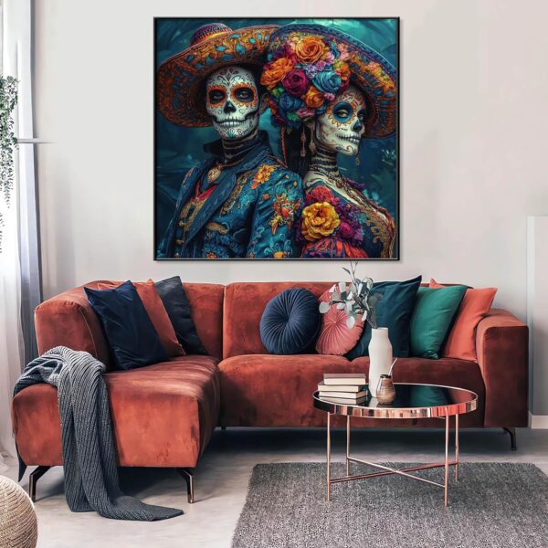 Canvas Wall Art-Day of The Dead Couple, Day of the Dead Canvas Print, Skeleton Couple Canvas Wall Art, Mexican Dia De Los Muertos, Day of the Dead Couple Poster Prints, Home Wall Decor (Gold Framed, 36"x36"|91x91cm) - Image 6