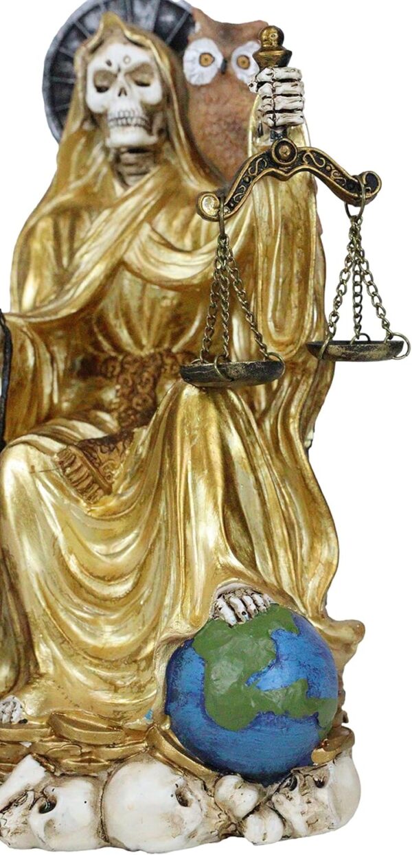 Ebros Gift Santa Muerte Holding Scythe Hourglass and Scales of Justice with Wise Owl Seated On Throne Figurine Holy Death Bone Mother Patron of Wealth Protection Purity Love Health (Gold) - Image 7