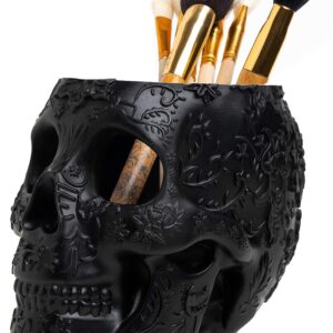 Skull Makeup Brush Holder, Pen Holder, Vanity, Desk, Office Organizer, Stationary, Decor Planter , Candy Bowl , Goth Decorations , Extra Large, Skulls Gothic Skull & Bones Organizer Bathroom (Black)