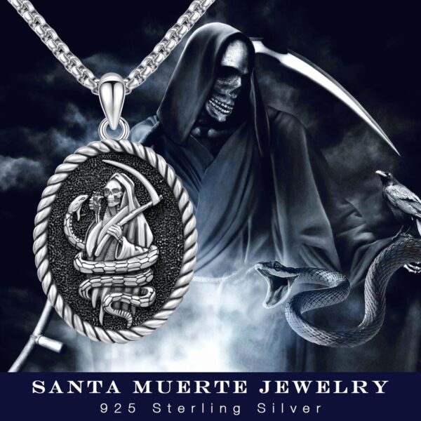 TRISHULA Santa Muerte Necklace for Men, 925 Sterling Silver Grim Reaper Necklace Oxidation Grim Skull with Scythe Pendant Skull Jewelry Gift for Birthday Graduation - Image 6