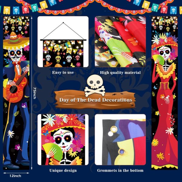 2PCS Day of The Dead Decorations, Dia De Muertos Decor Banner Mexican Dia De Los Muertos Porch Sign Decor Welcome Hanging Door Banner Mexican Party Decorations Outdoor Indoor 12 x 75 Inch - Image 3