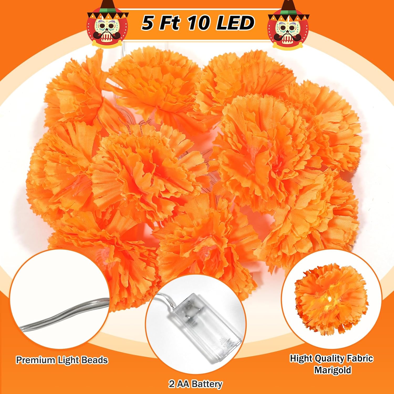 3 Pack Lighted Marigold Garland 10 LED Artificial Marigold Flowers String Lights Dia de Los Muertos Day of The Dead Decorations for Halloween Diwali Indian Party (3, 5 Ft 10 LED) - Image 2