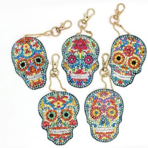 5 Pcs Sugar Skull DIY Diamond Painting Keychains Kit, Diamond Art Keychains for Women Men Kids, Crystal Rhinestone Diamond Skull Hanging Charms for Bag, Purse, Phone or Car Decoration