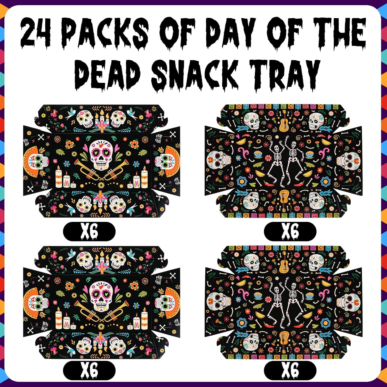 HOWAF 24 Pcs Day of The Dead Food Trays Sugar Skull Paper Food Boats for Mexican Dia De Los Muertos Decoration Supplies, Mexican Fiesta Disposable Tray Halloween Food Tray for Chips, Nachos,Candy - Image 4