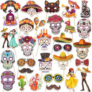 HOWAF Glitter Day of The Dead Photo Booth Props, Dia De Los Muertos Skull Decorations Photo Props Kits for Day of The Dead Party Favor, Mexican Fiesta Halloween Glitter Prop Pose Sign 30pcs