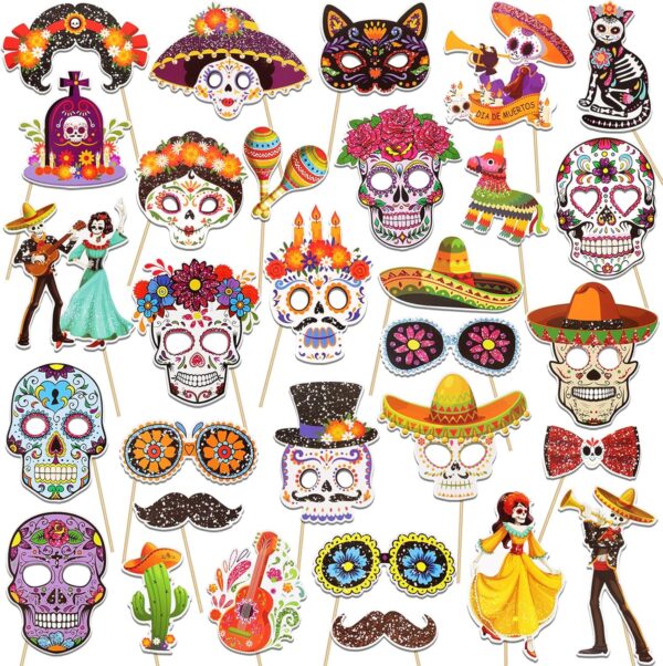 HOWAF Glitter Day of The Dead Photo Booth Props, Dia De Los Muertos Skull Decorations Photo Props Kits for Day of The Dead Party Favor, Mexican Fiesta Halloween Glitter Prop Pose Sign 30pcs