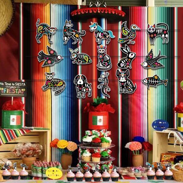 Day of The Dead Party Decoration Set, Sugar Skull Animals Party Banner and 12 Pcs Cupcake Toppers for Day of The Dead Halloween Dia De Los Muertos Party - Image 6