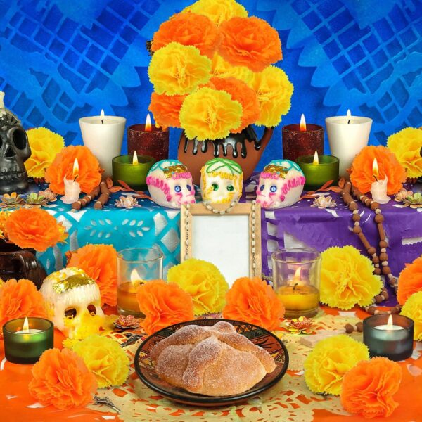 Artificial Marigold Flowers - 50 Pcs Halloween Decoration Orange Marigold Head Silk Fake Paper Flowers Garland Dia De Los Muertos Decor for Festival Backdrop (Orange) - Image 4