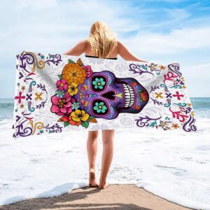 Bonsai Tree Sugar Skull Beach Towel, Purple Microfiber Bath Towel for Women, Sand Free Quick Dry Travel Towels Sugarskull for Women Yoga Sports Adults 30" X 60"