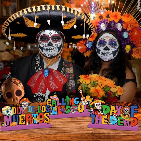 Day of the Dead Decorations Wooden Table Centerpieces Dia De Los Muertos Party Supplies Sugar Skull Themed Calling All Souls Wooden Table Signs for Mexican Dia De Los Muertos Party - Image 2