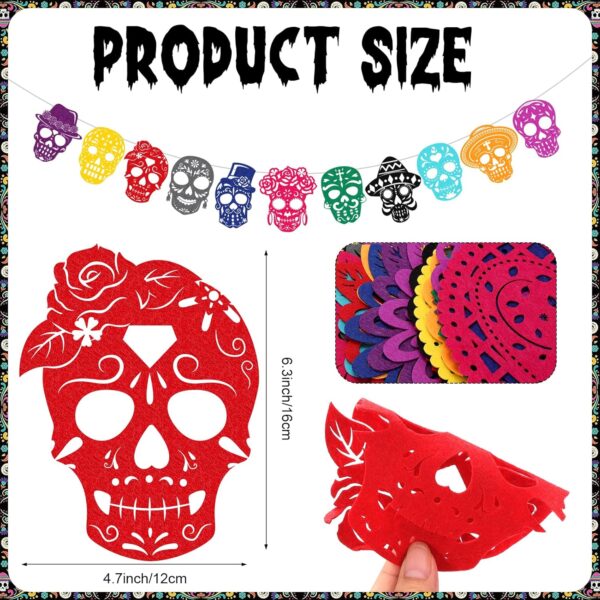 HOWAF 42pcs Day of The Dead Papel Picado Banner, Felt Dia De Los Muertos Sugar Skull Marigold Hanging Garland for Mexican Dia de Los Muertos Altar Decor, Colorful Cinco De Mayo Flag Banner - Image 3